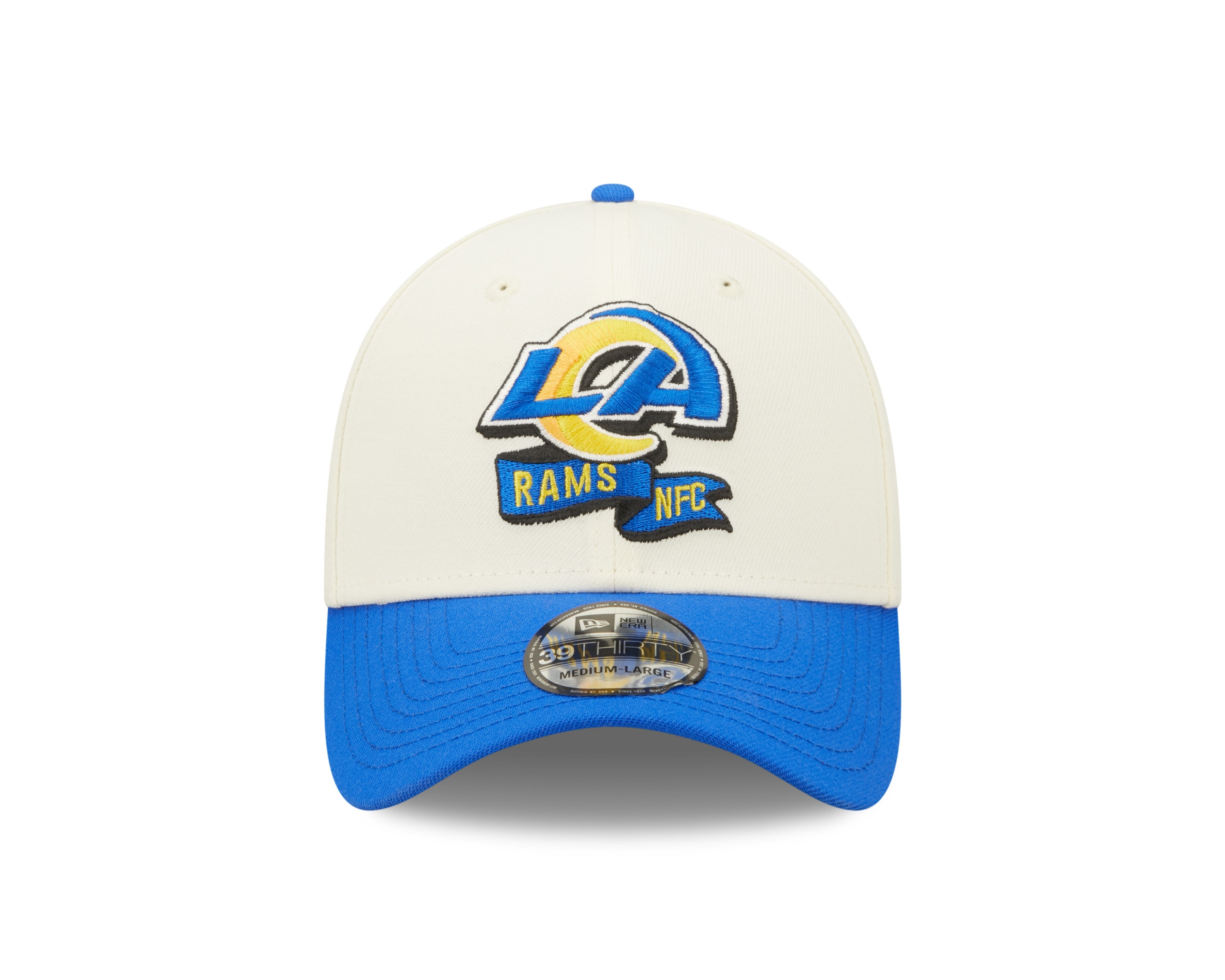 Men's Los Angeles Rams New Era Cream/Blue 2022 Sideline 39THIRTY Flex Hat