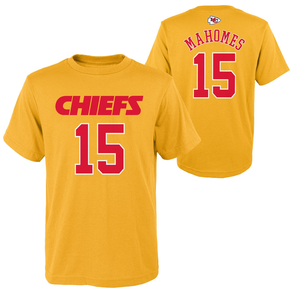 Youth Kansas City Chiefs Patrick Mahomes Gold Mainliner Player Name & Number T-Shirt