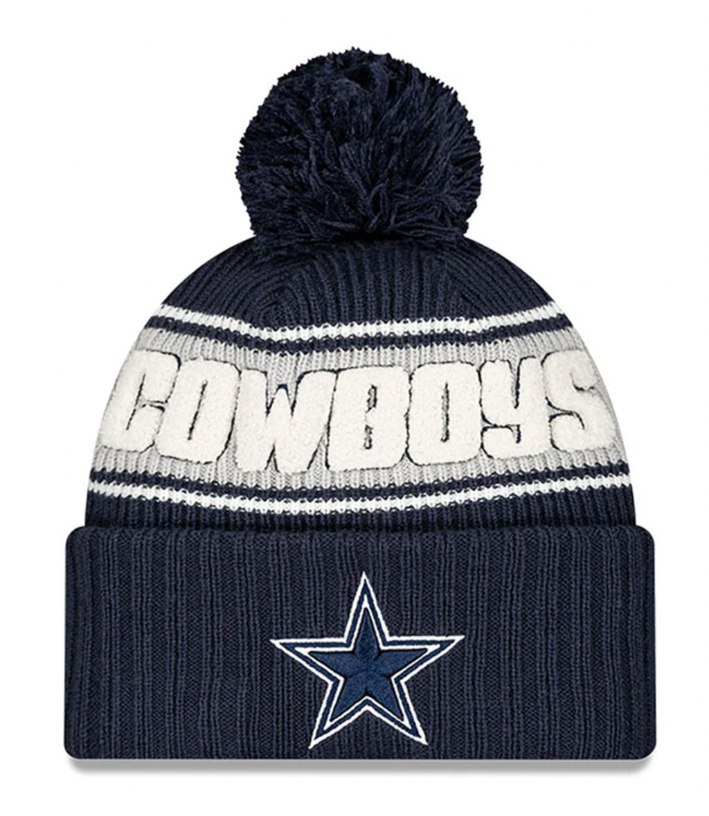 Dallas Cowboys New Era 2024 NFL Sideline Navy Cuffed Pom Knit Hat